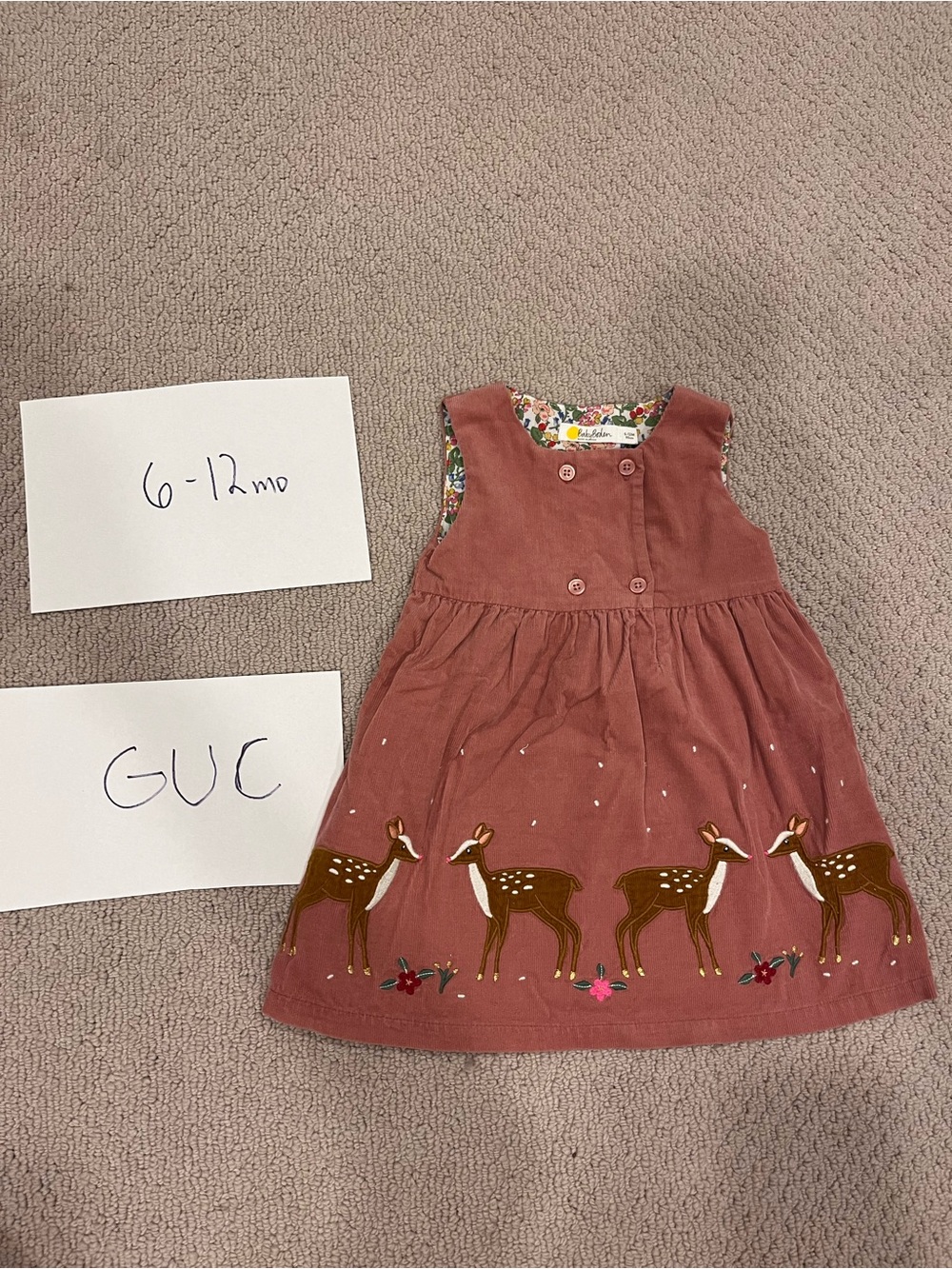 Baby Boden Rust Deer Corduroy Dress with Floral Lining